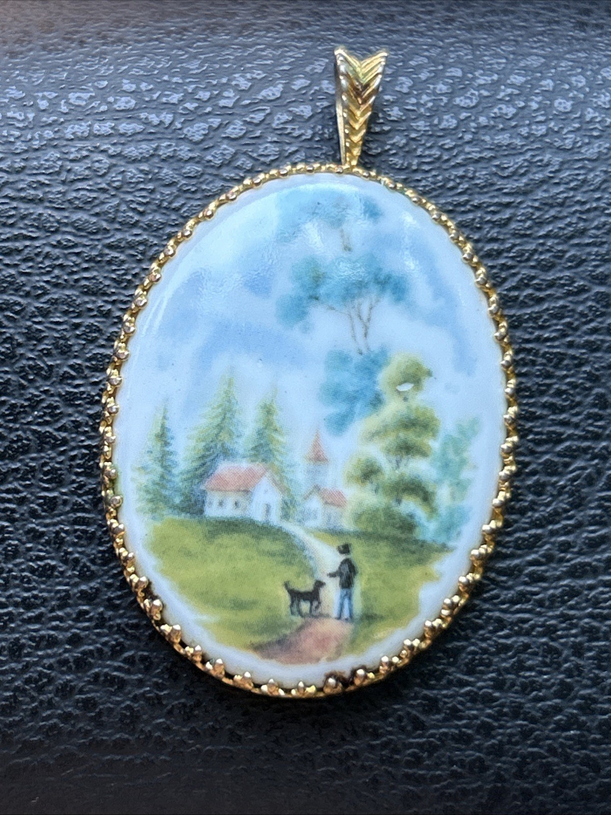 Vintage Pendant Porcelain Hand Painted Scene Boy & Dog Kaiser West Germany