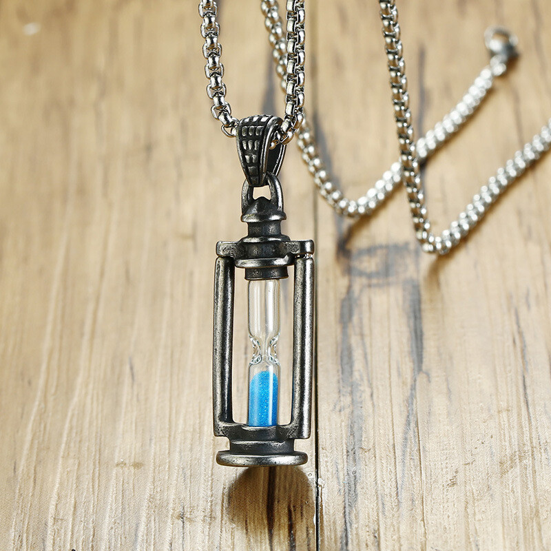 60 CM Titanium Steel Black Retro Hourglass Pendant Fashion Trend Men’s Necklace