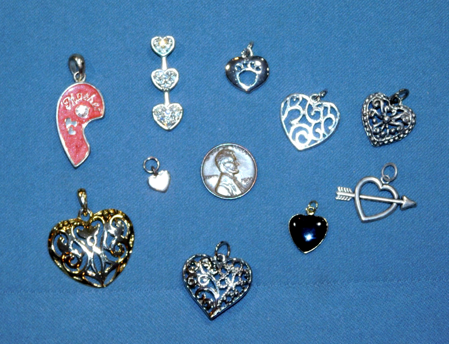 All Hearts Pendants LOT- TEN Pieces Many Styles Sizes Colors Mostly Modern FR SH