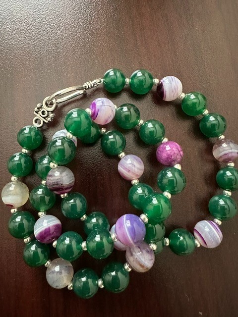 Natural Green and Purple Striped Agate 10 mm Gemstone Round Beads 22 ” Necklace.