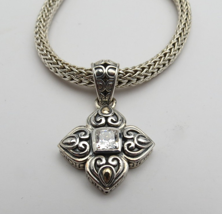 John Hardy Sterling Silver Classic Chain Necklace & CZ Cross Pendant 18