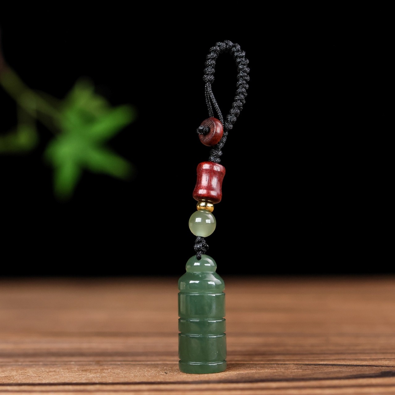 Certifed Natural Hetian jade Green White Carving Bamboo seal Car key pendant