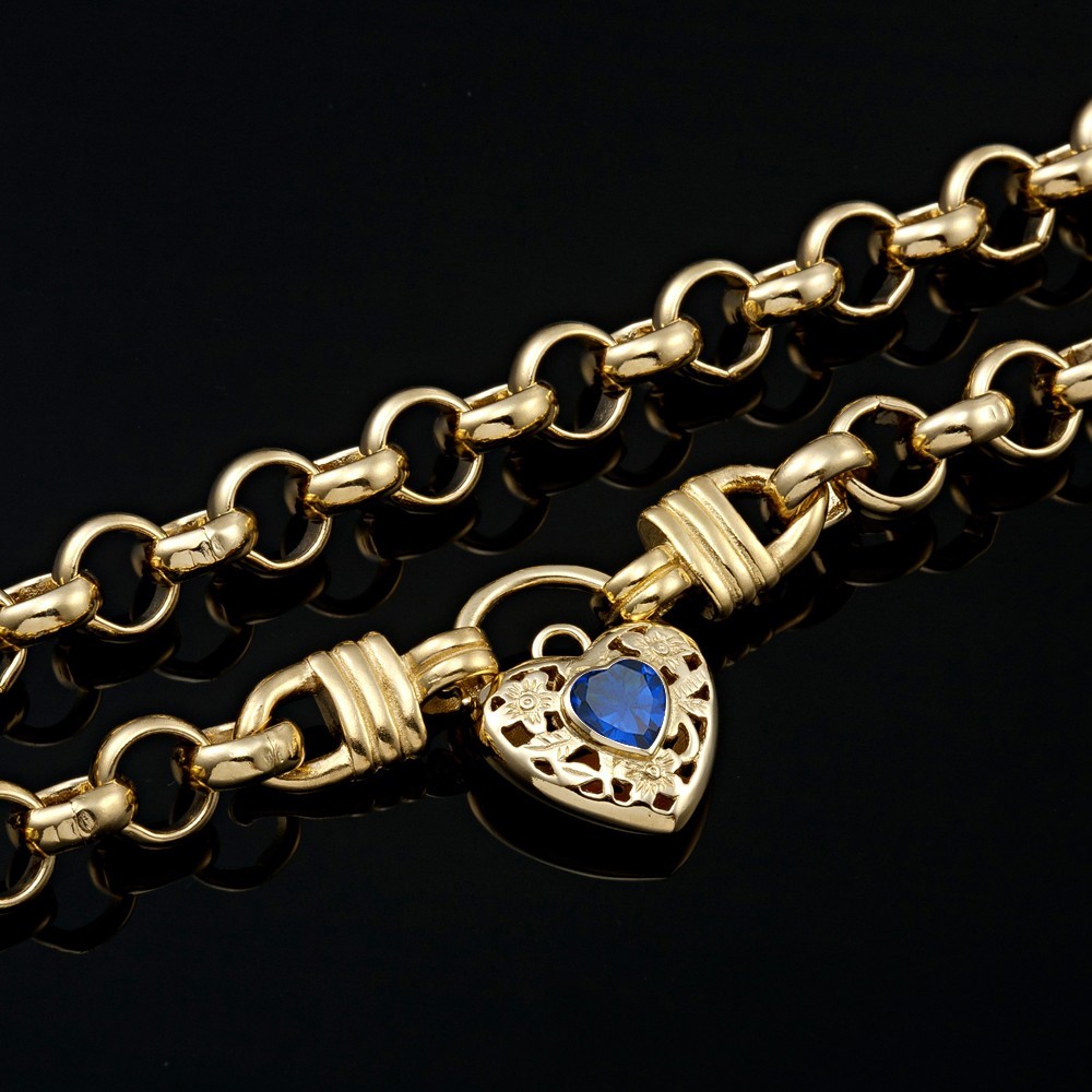 18KGL Thick Solid Rolo Yellow Gold Necklace Filigree Heart Padlock Sapphire Blue