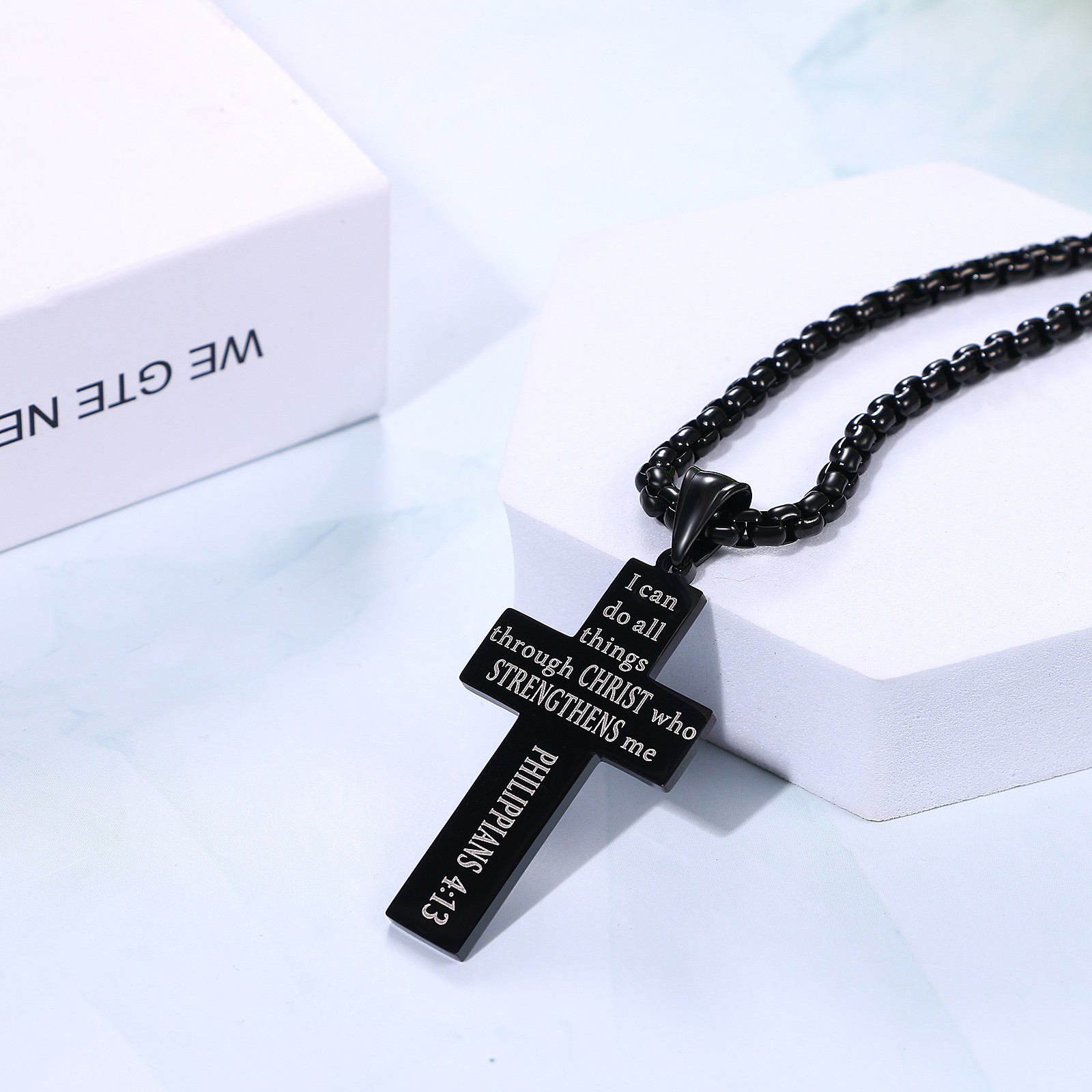 Mens Boys Inspirational Black American Flag Cross Pendant Bible Verse Necklace
