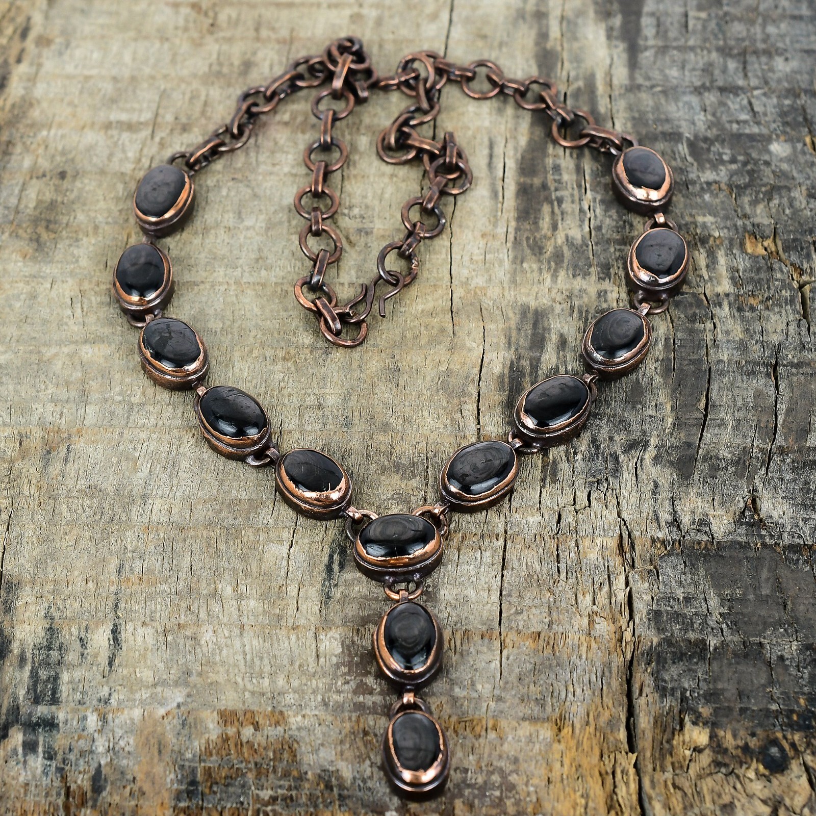 Copper Oval Hypersthene Gemstone Chain Wedding Electroformed Engagement Necklace
