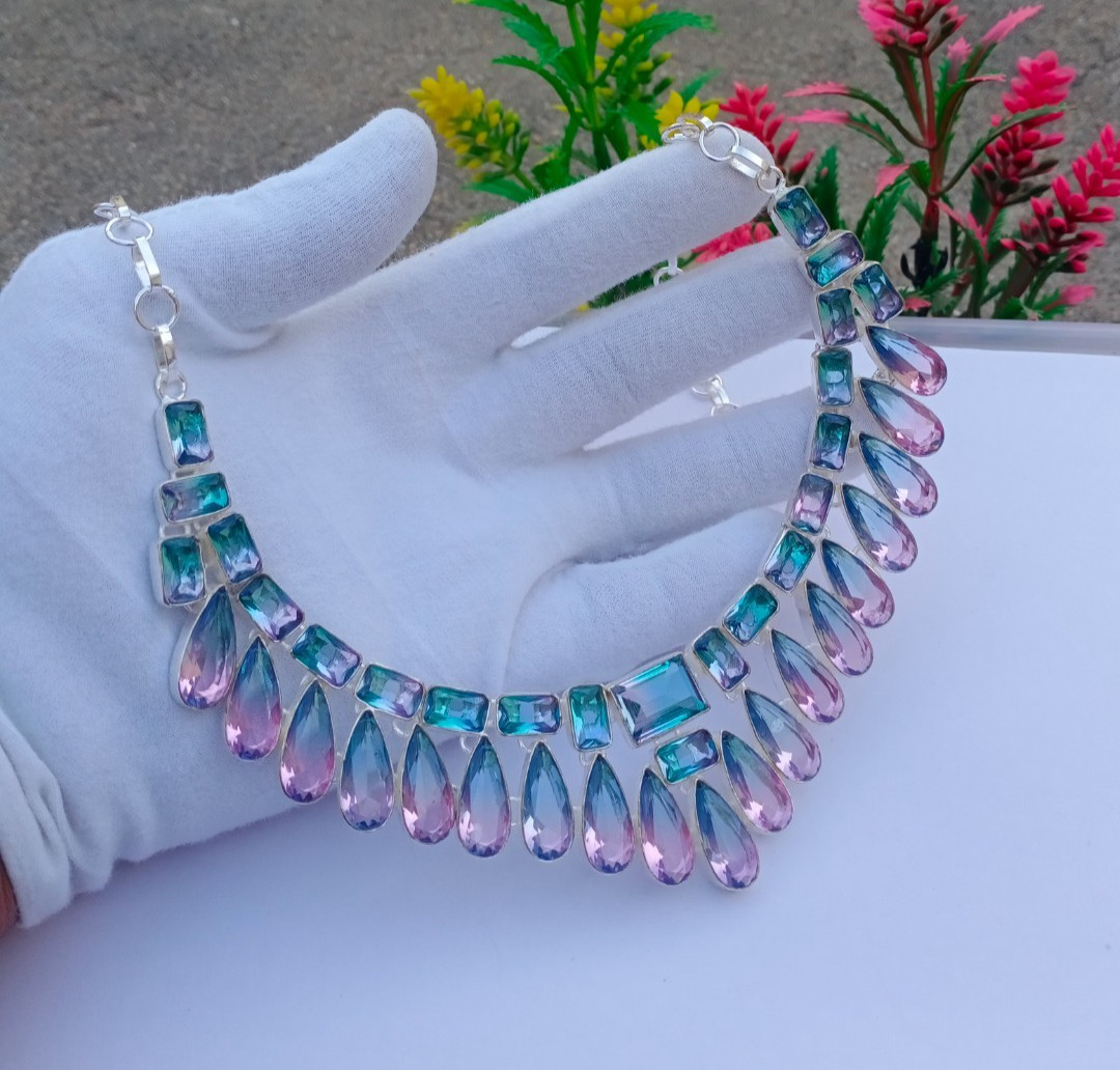Beautiful Bi-Color Gemstone 925 silver Handmade Adjustable Necklace Jewelry