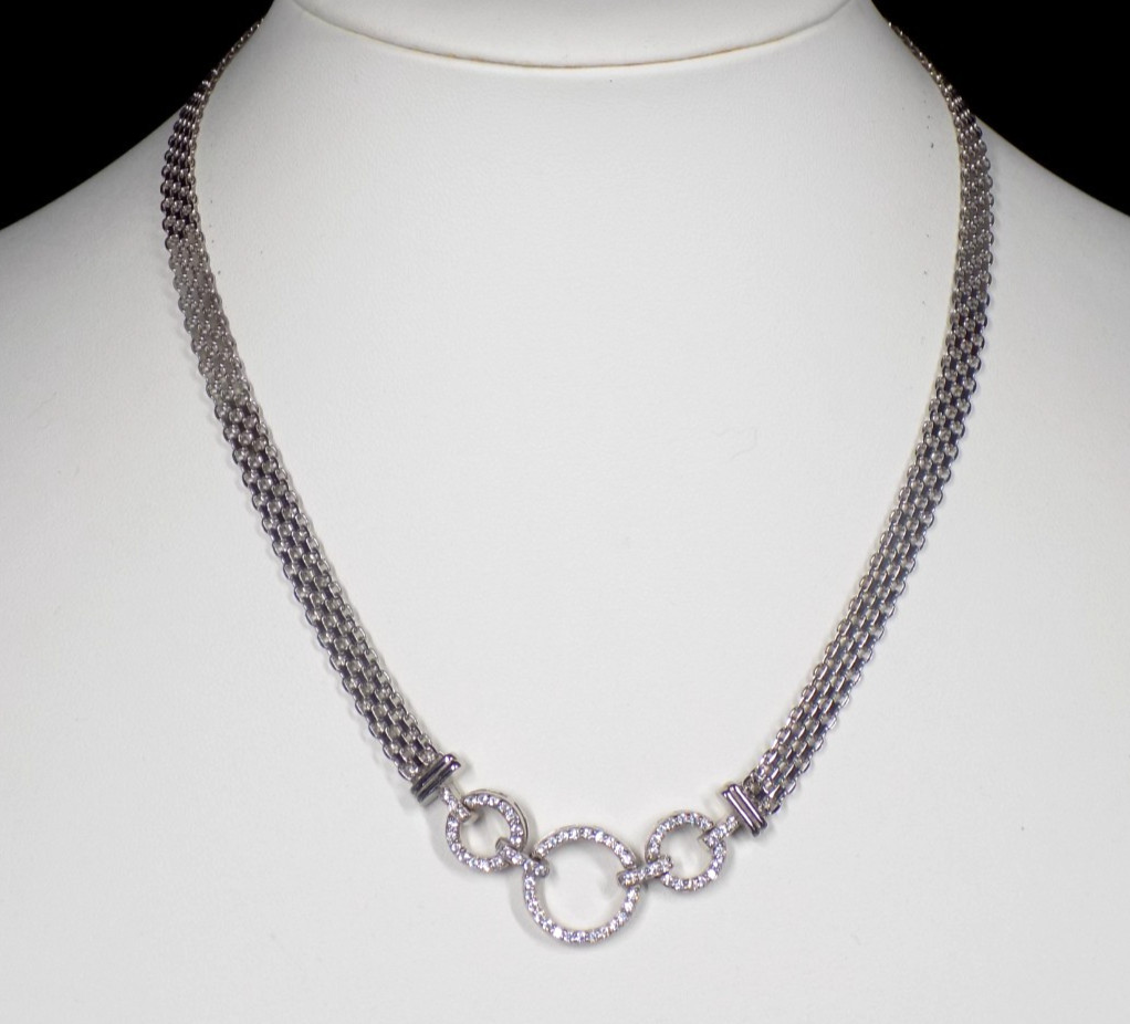 Cubic Zirconia Necklace 925 Sterling Silver Mesh White Colorless Circle Pendant