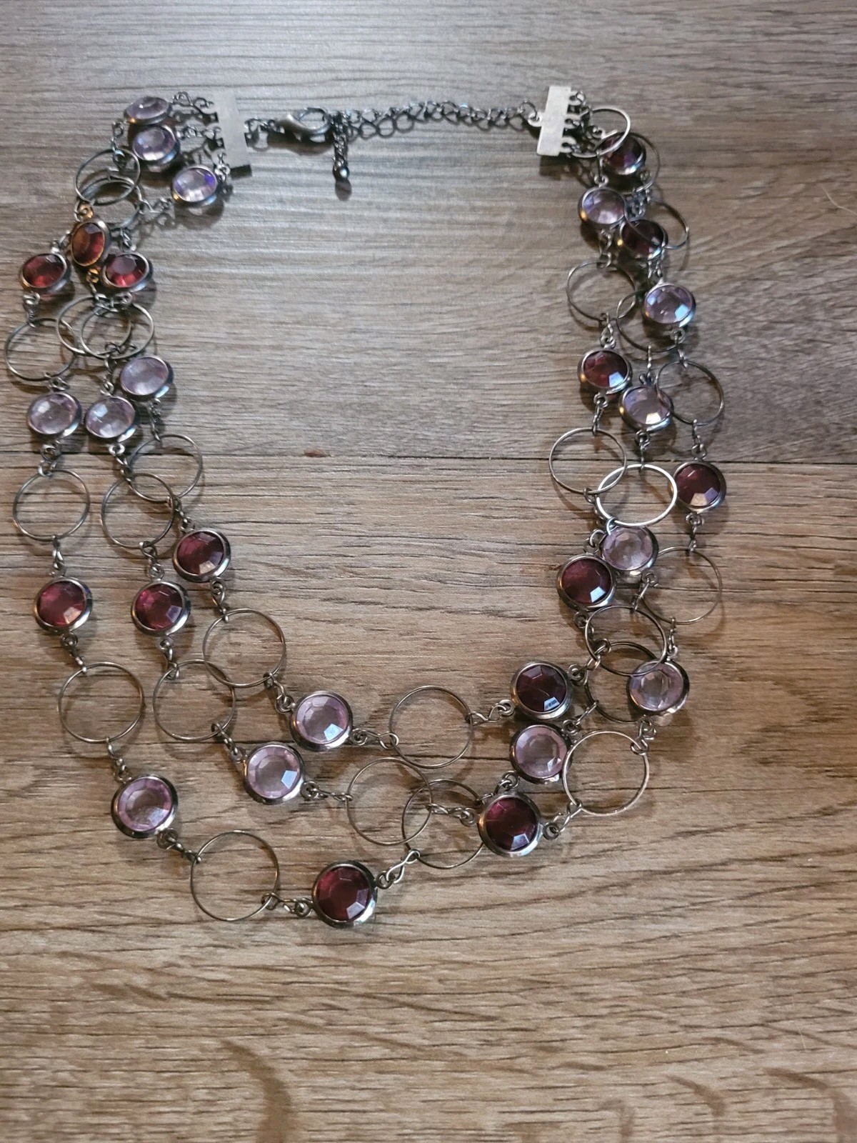 Multi Strand Multi Shape Purple Bezel Set Necklace Gun Metel Color Lobster Clasp