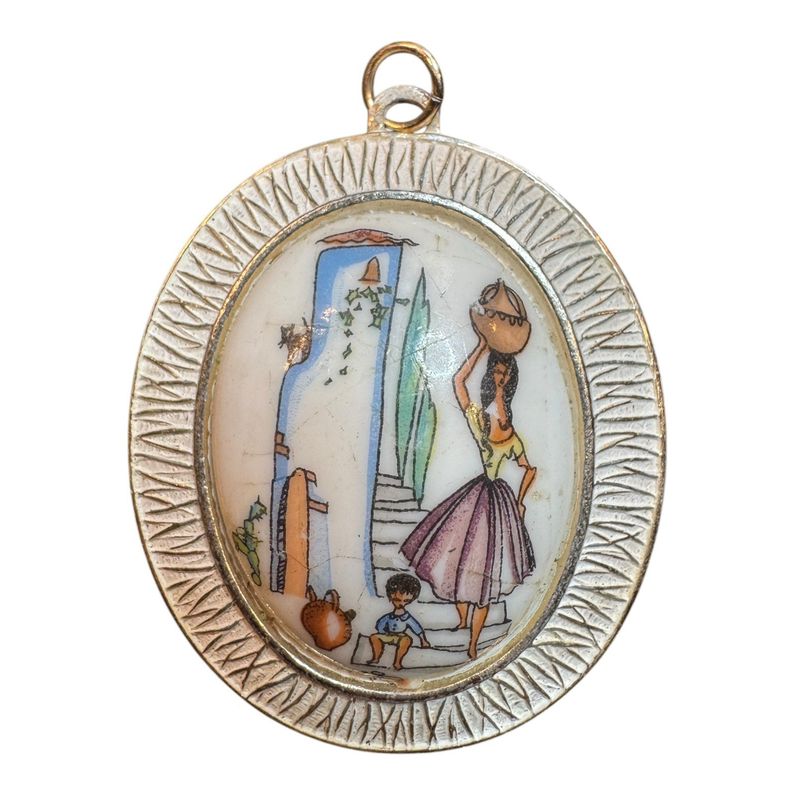 Vintage West Germany Pendant Painted Folk Art Scene Woman Child Cat Oval