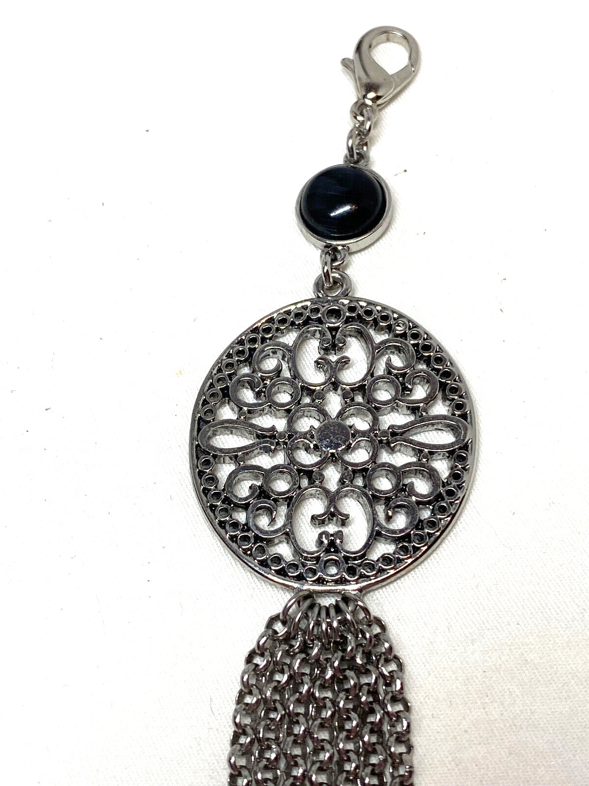 Lia Sophia Lyrical Detachable Chain Tassel Pendant Black Glass Stone Filagree 7″