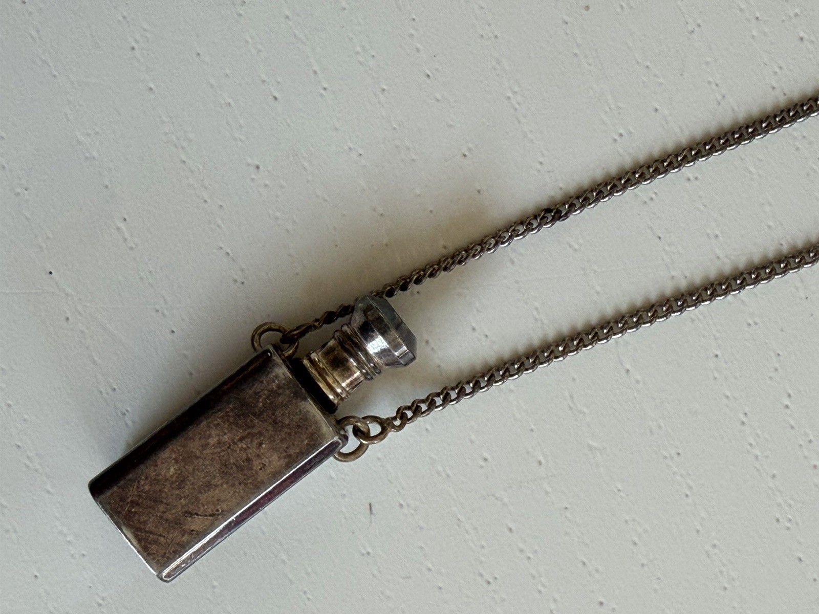 Vintage Mini Square Perfume Bottle Pendant with Dauber Silver Chain