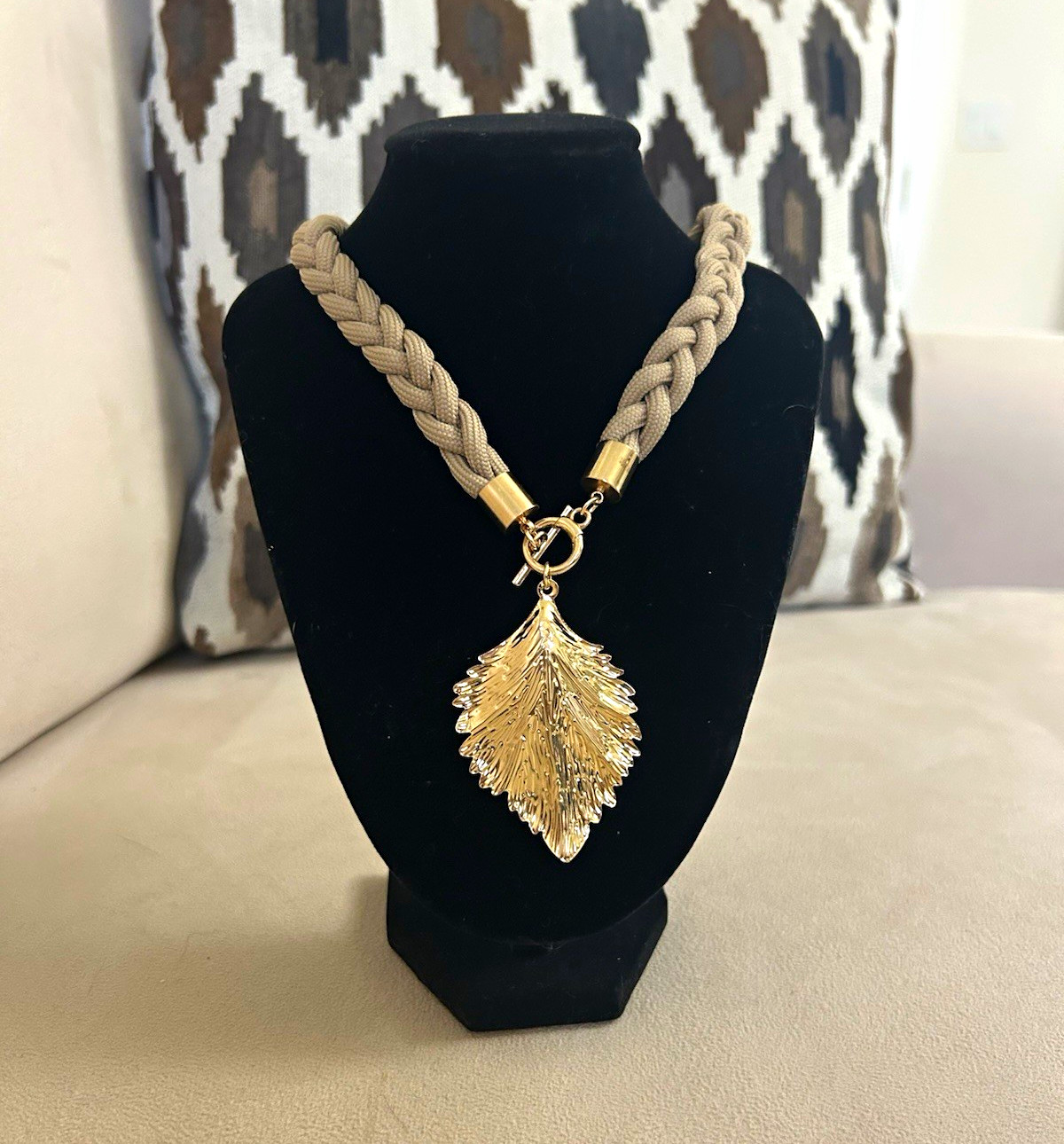 Braided Faux Leather Necklace Gold Tone Leaf Charm Pendant Toggle Nature
