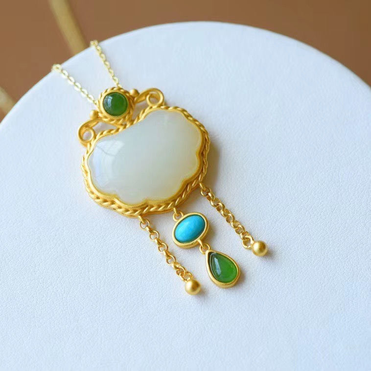 White Jade Ruyi Pendant Chalcedony Jewelry Necklace 925 Silver Natural