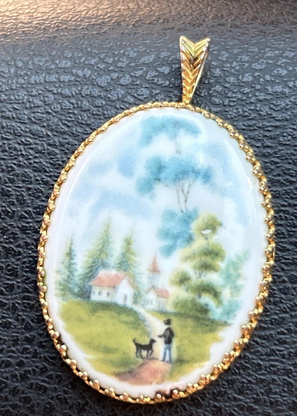 Vintage Pendant Porcelain Hand Painted Scene Boy & Dog Kaiser West Germany