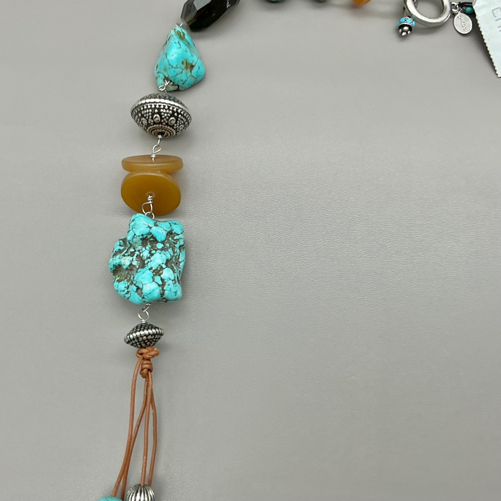 Chico’s Necklace Womens Turquoise Silver Tone Beaded Leather Boho Long 26 Inch