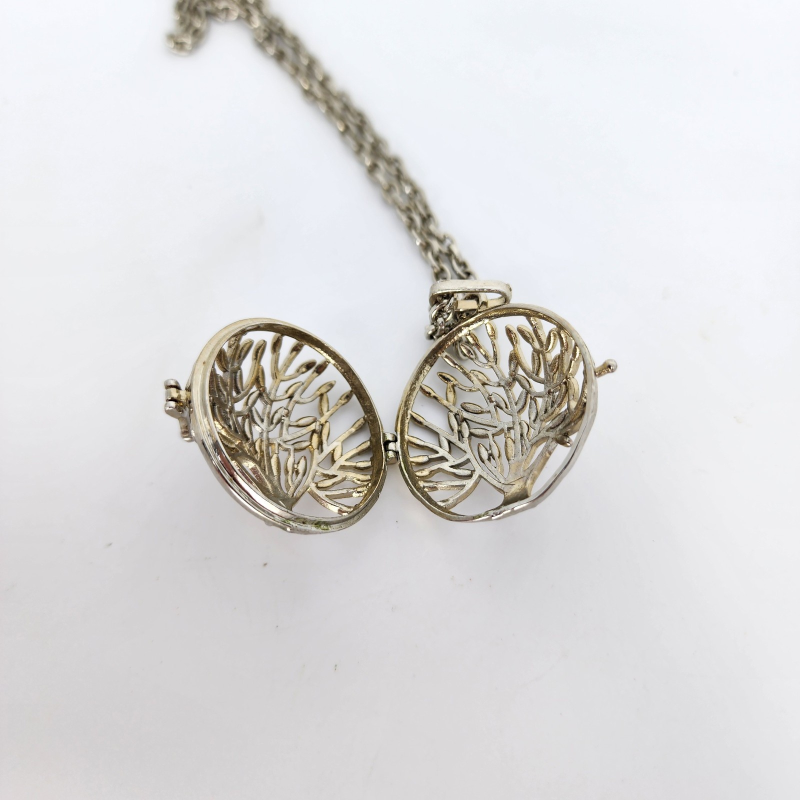 Filigree Tree of Life Locket Necklace Harmony Bell Pendant Silver Tone