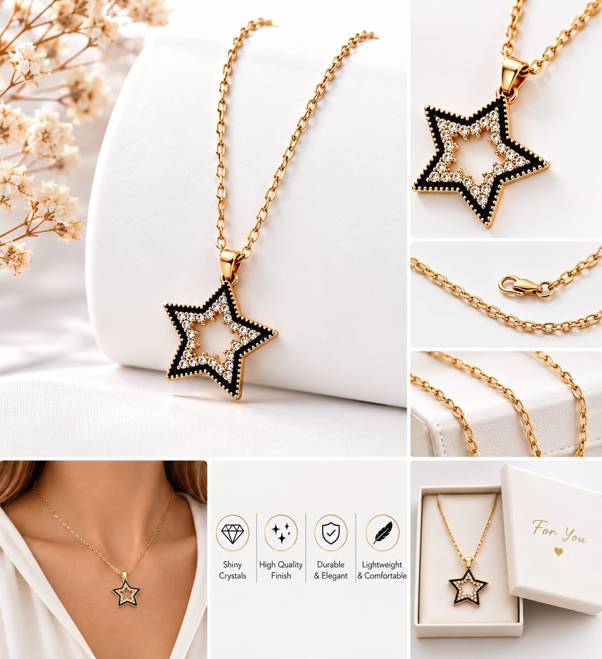 Star Necklace for Women Gold Tone Black Crystal Pendant Fashion Jewelry Gift