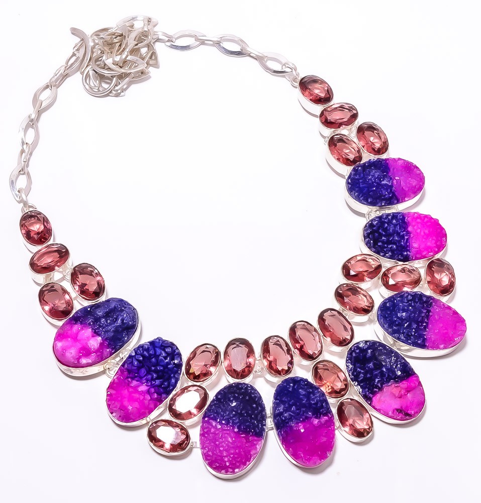 Bi-Color Quartz Drusy, Amethyst 925 Sterling Silver Necklace 16-18″ S21