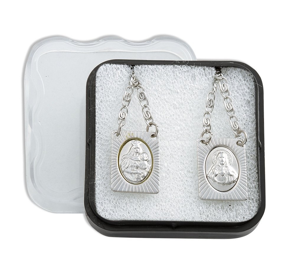 Stainless Steel Scapular Necklace 14 Inch Sacred Heart & Our Lady of Mount