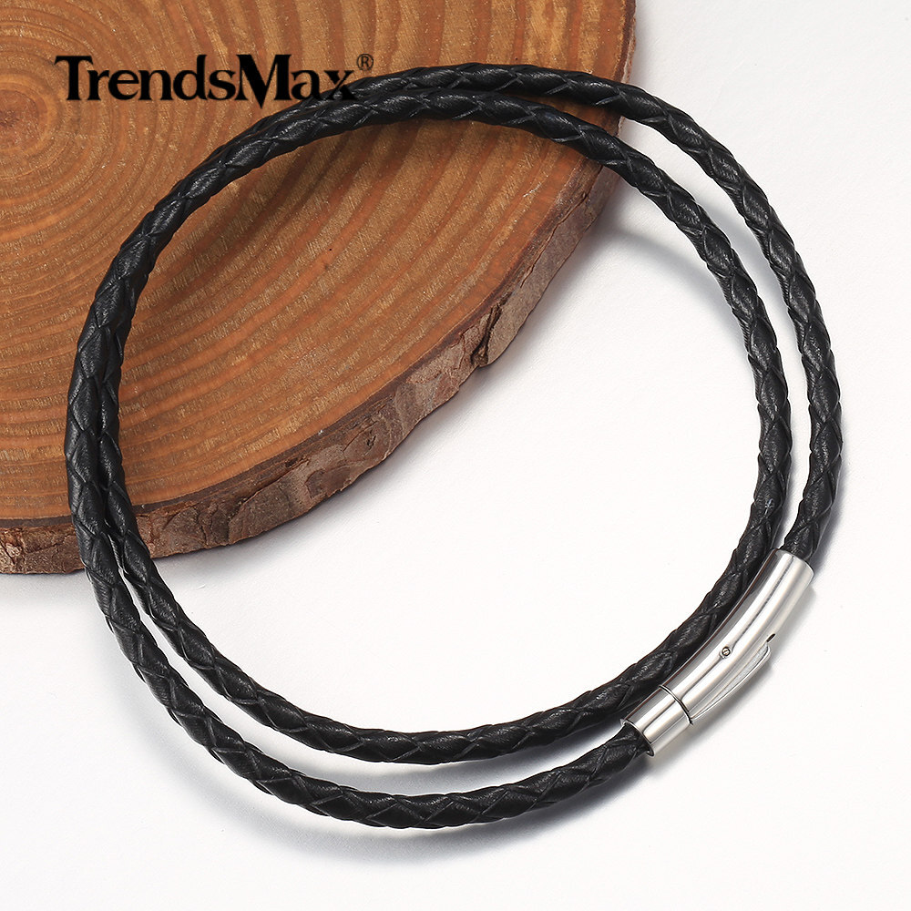 For Men Black Braided Leather Rope Necklace Stainless Steel Secure Clasp 16″-30″
