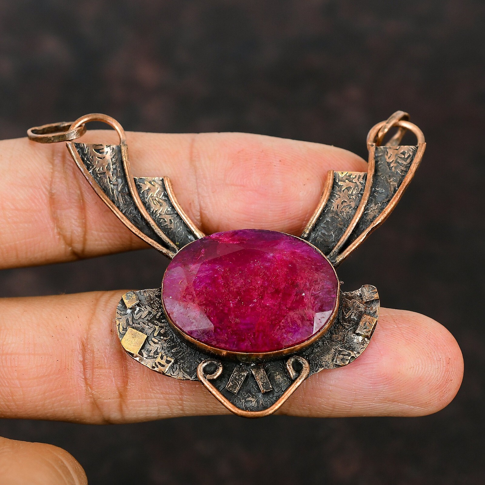 Valentines Sale Copper Oval Natural Kashmir Rubi Bezel Birthday Pendant Jewelry