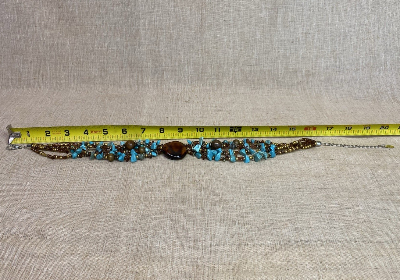 CYNTHIA GALE Turquoise Chip Multi-Strand Choker w/ Tortoise-Look Pendant 16–20in