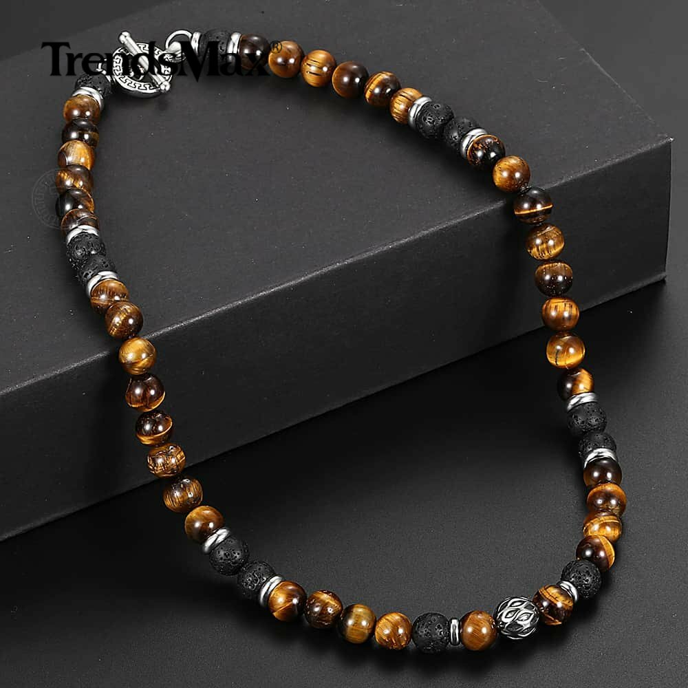 8mm Natural Tiger Eye Lava Bead Necklace Choker Stainless Steel Toggle 18/20/24″