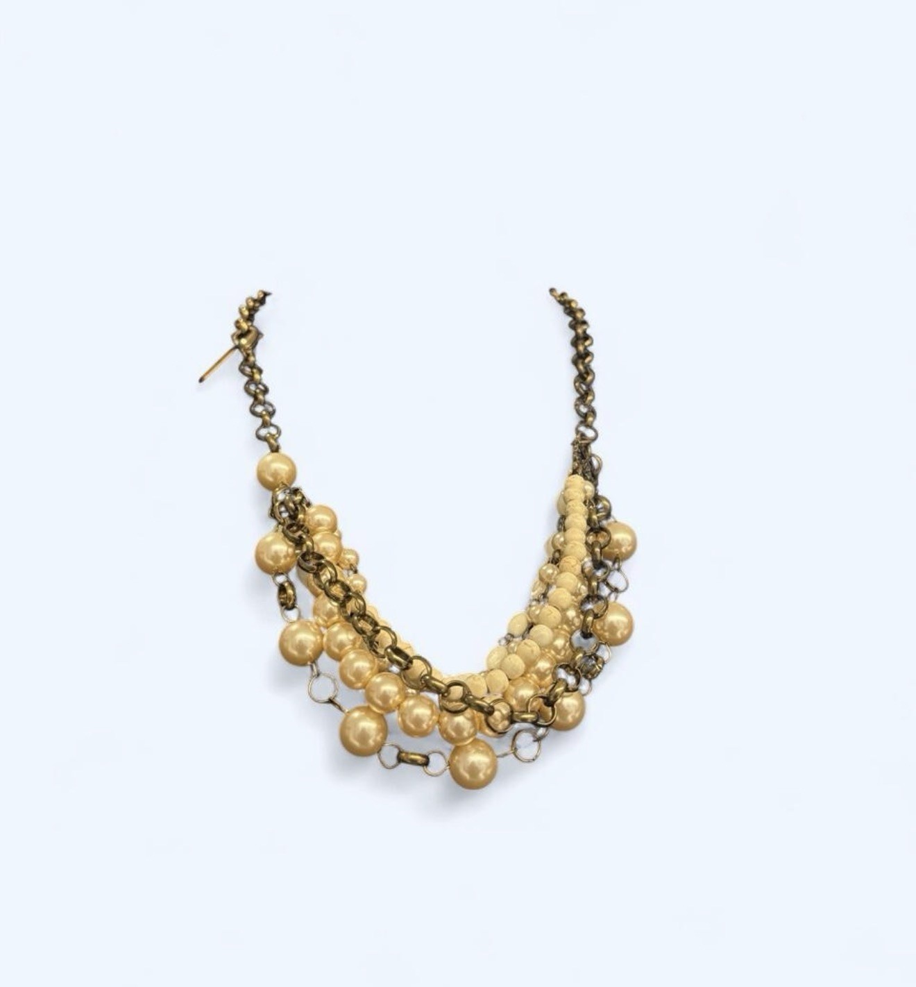 Gold Tone Layered Cable Chain Necklace w/ Cream Pearls & Rhinestones