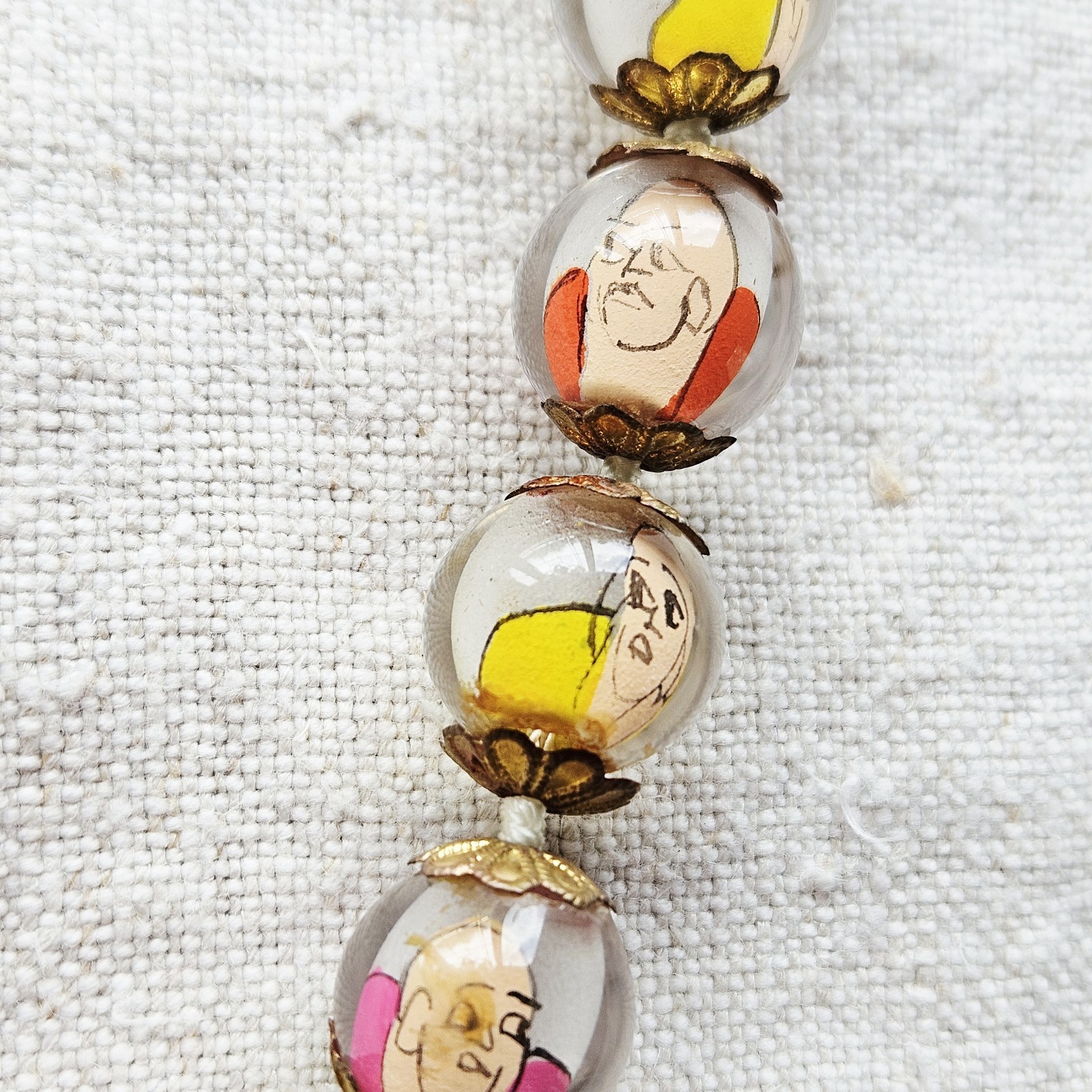 Chinese Prayer Buddha Glass Reverse Painted Beaded Cinnabar Pendant Necklace