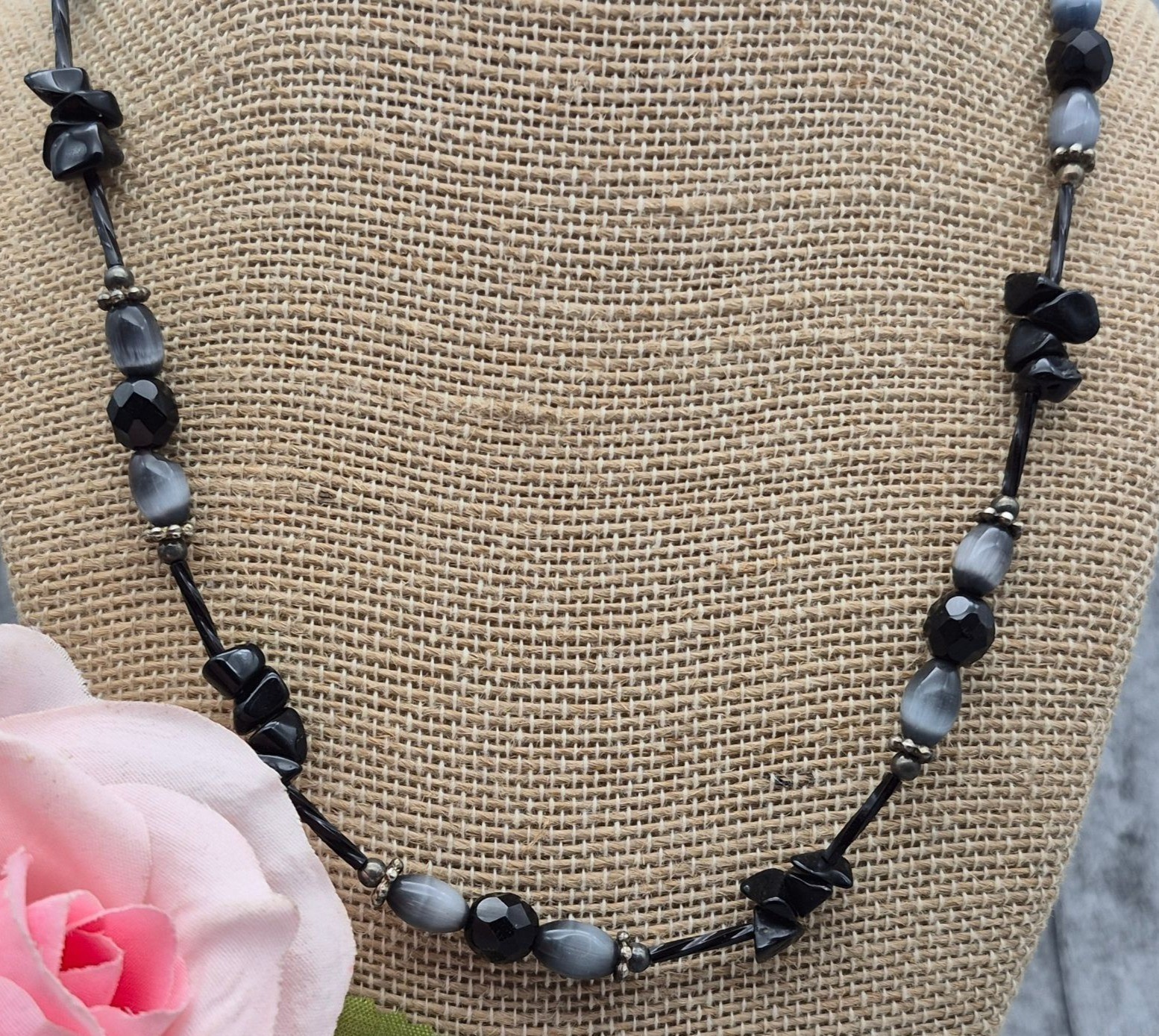 Black & Grey Beaded Collar Necklace Toggle Clasp 20″ Witchy Whimsigoth