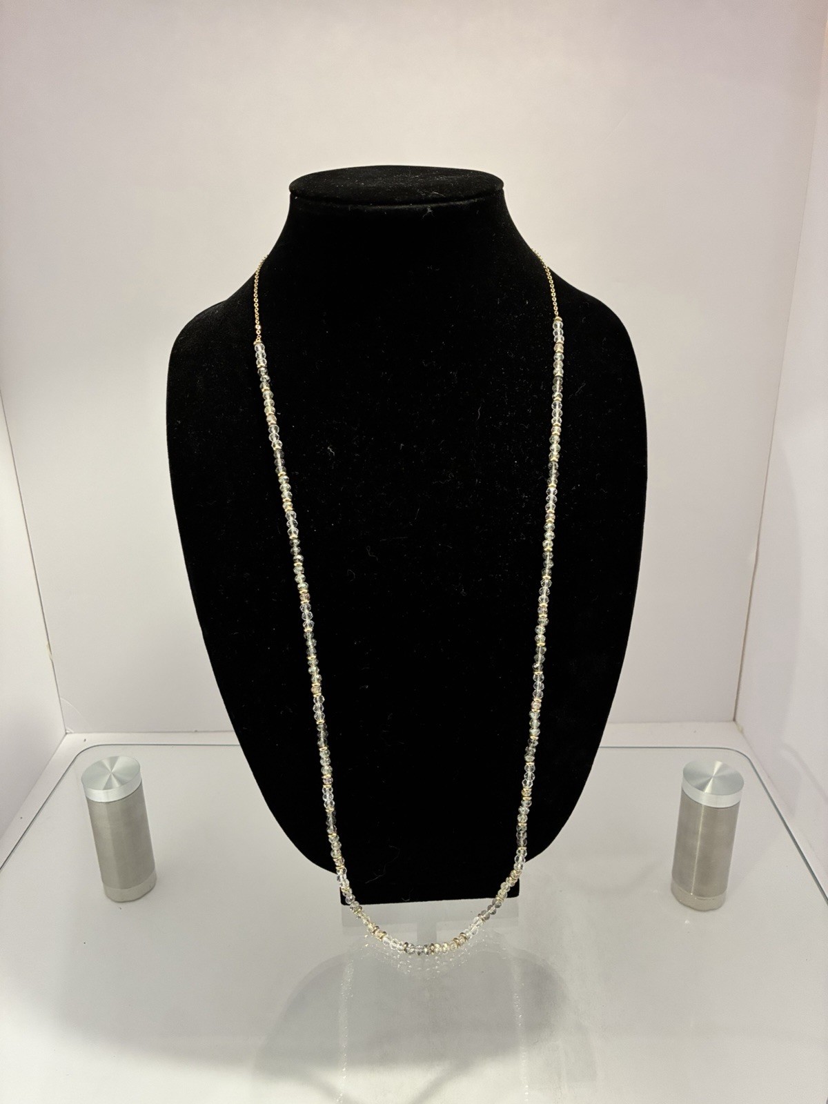 LOFT Long Beaded Necklace Gold Tone Faceted Clear Smoke Glass Crystal 34″ Opera
