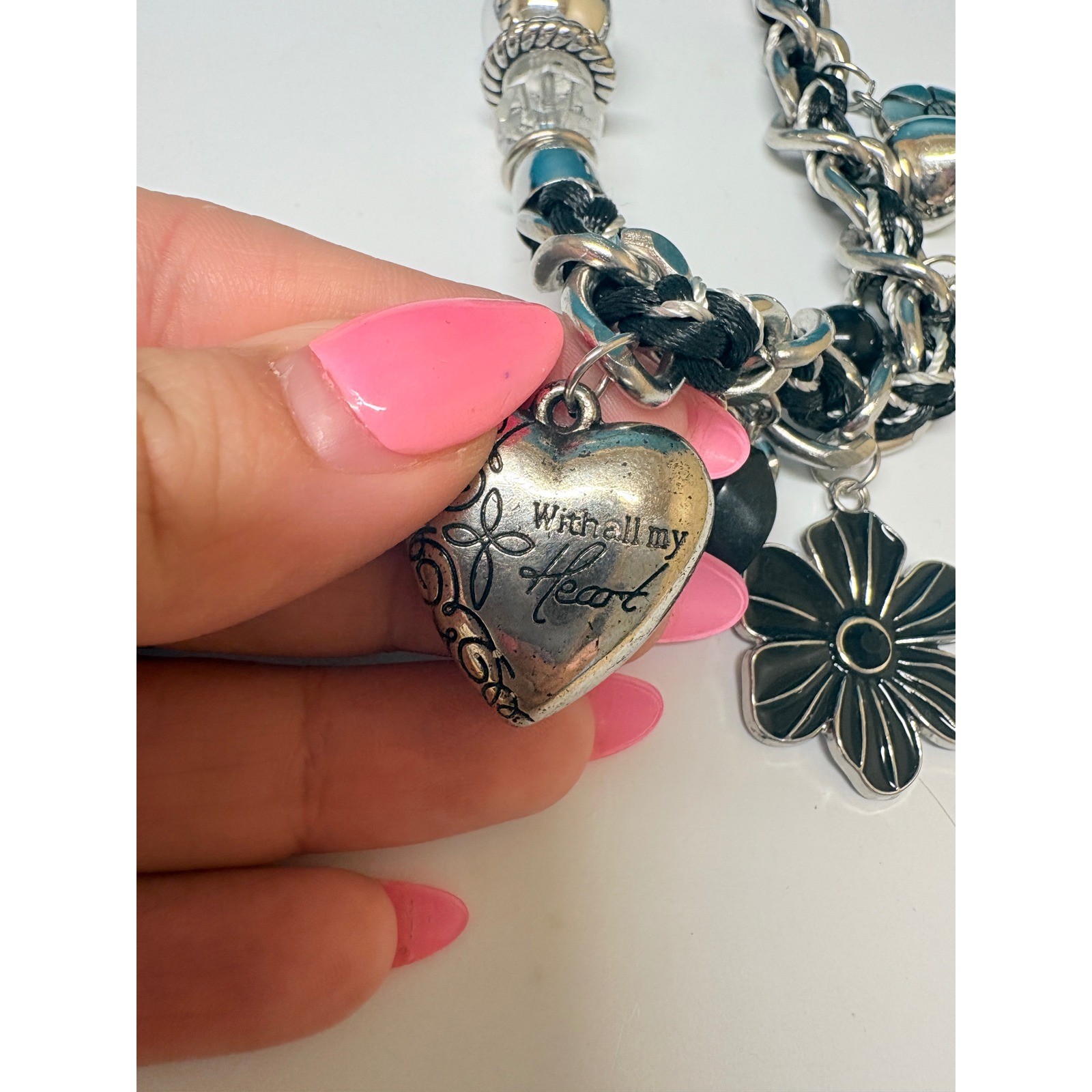 Chunky Silver Black Woven Chain Charm Choker Necklace Heart Flower Y2K Grunge