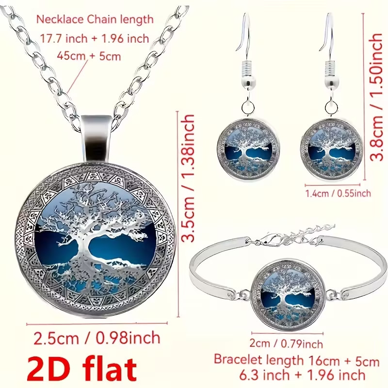 Beautiful Tree of Life Cabochon Necklace, Earring & Bracelet Jewelry Set Silvery