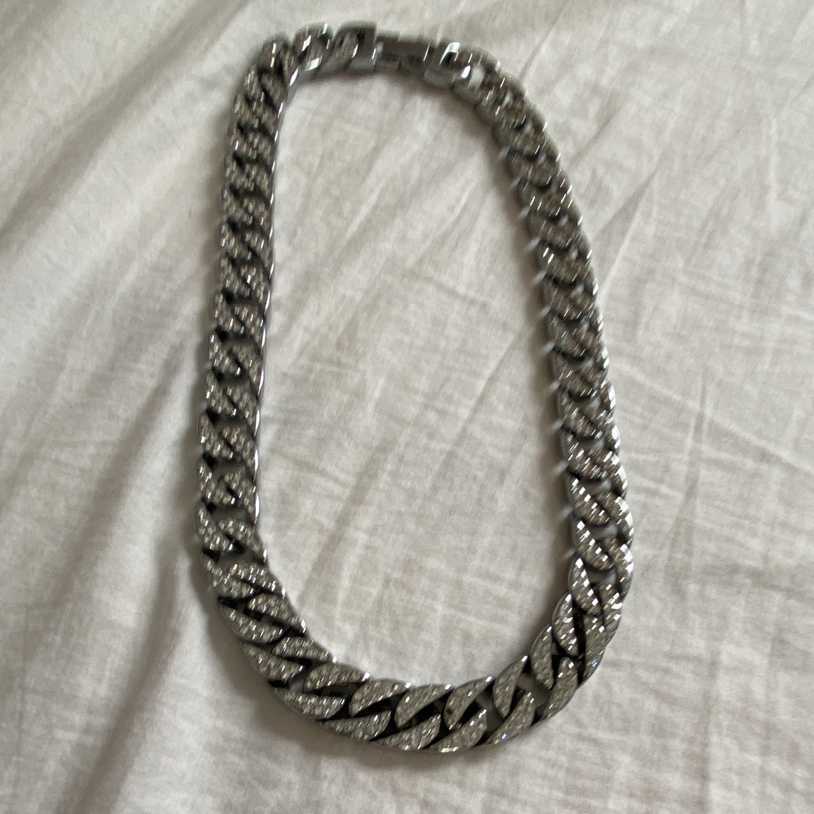Silver Cuban Link Chain Necklace Gengar Charm Pendant Pavé Rhinestone Box