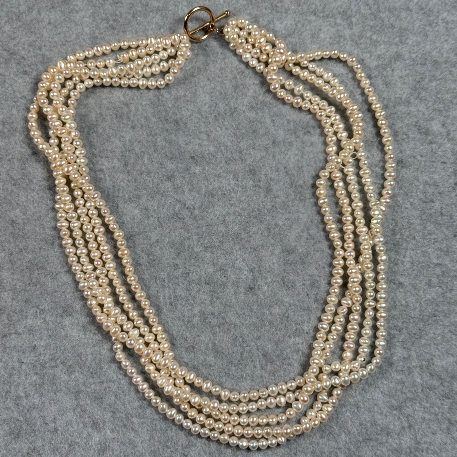 Multi Strand Freshwater Pearl Necklace Toggle 14K Gold Clasp Cream 5 Row 19in