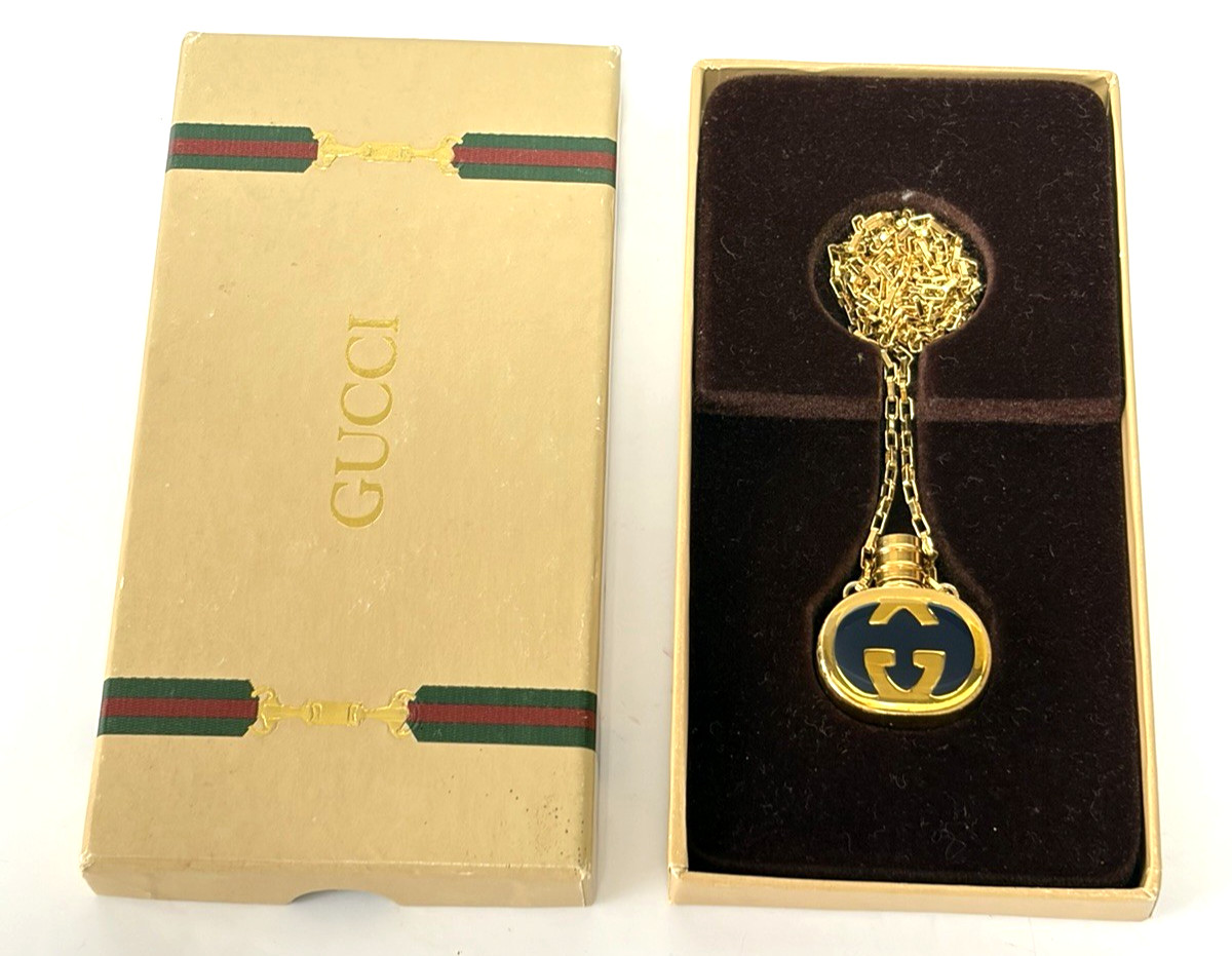 Vintage Gucci Navy Enamel GG Perfume Bottle Motif Necklace Pendant Gold-tone