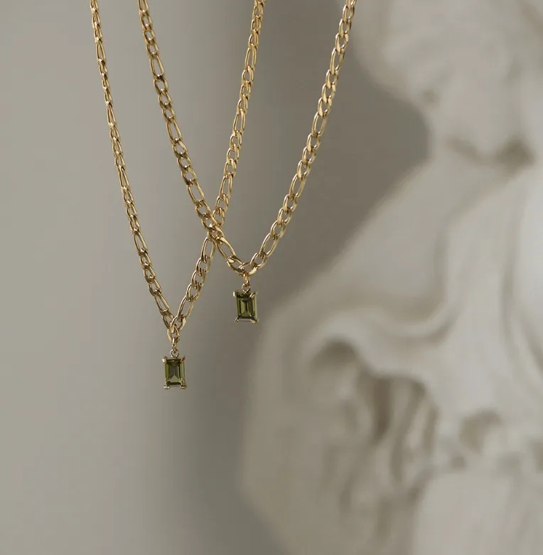 Gold Green Crystal Pendant Necklace Women CZ Emerald Cut Chain
