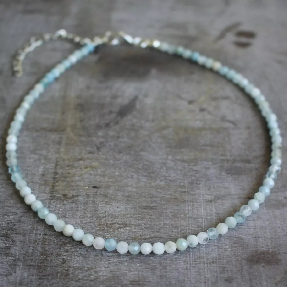 2mm Aquamarine Crystal Gemstone Faceted Beads Dainty Choker Necklace Minimalist