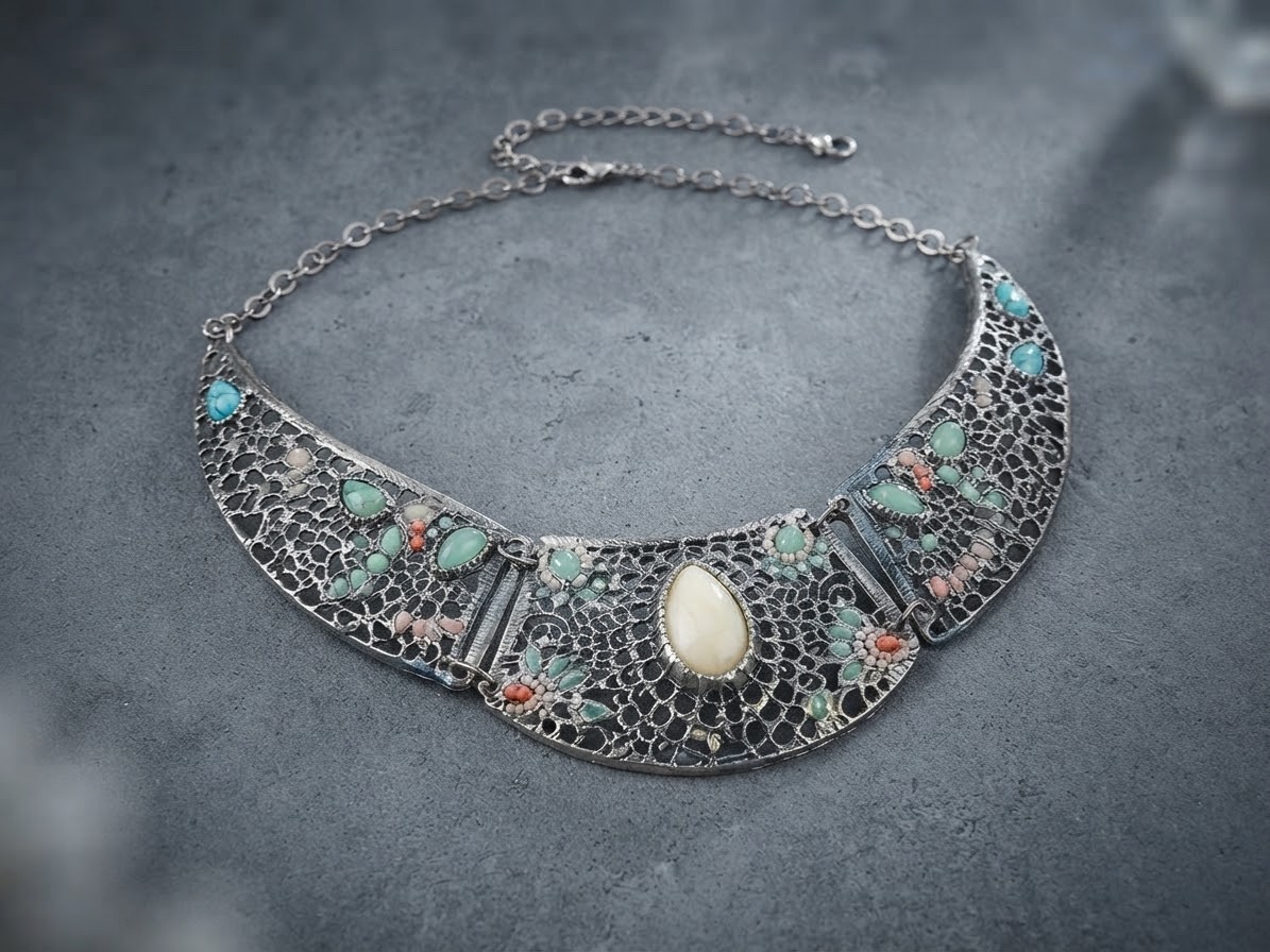 Retro Statement Collar Necklace Multi Color Beads Antique Silver Plated