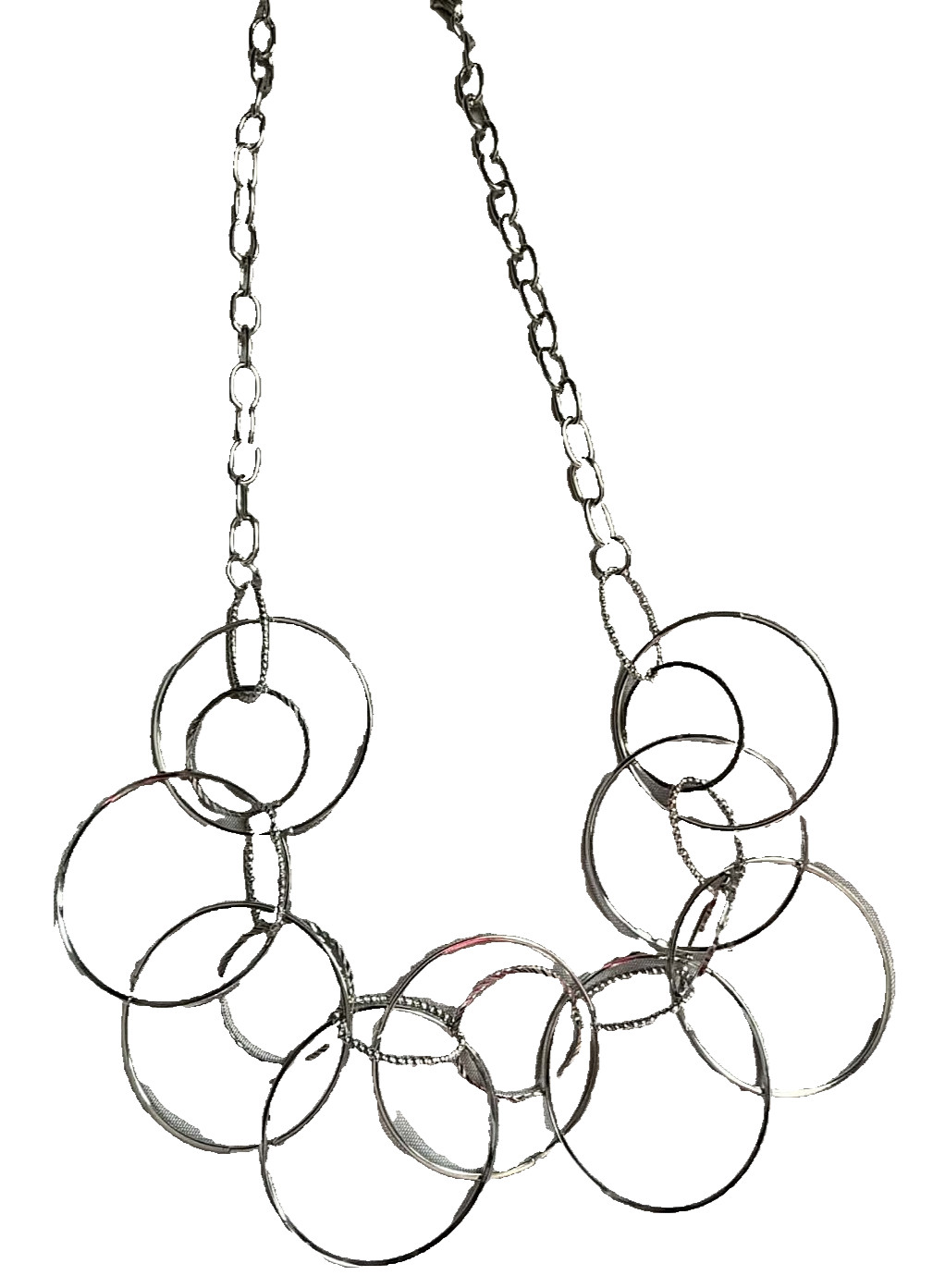 NEW Silver Tone Hoop Necklace Multiple Layers Interconnected Variated Circles