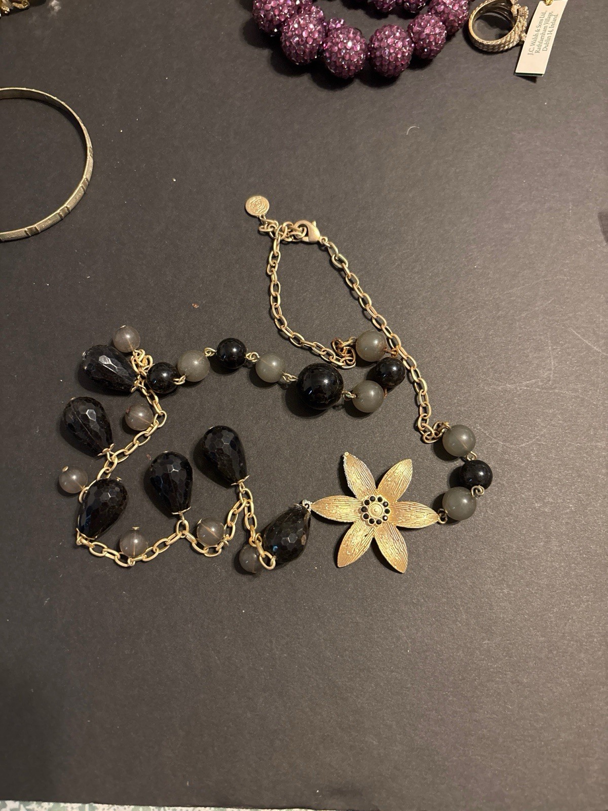 Lot Robert Rose Statemnt Necklace Bundle Blk/Gray Floral & Dbl Strand Clr Crystl