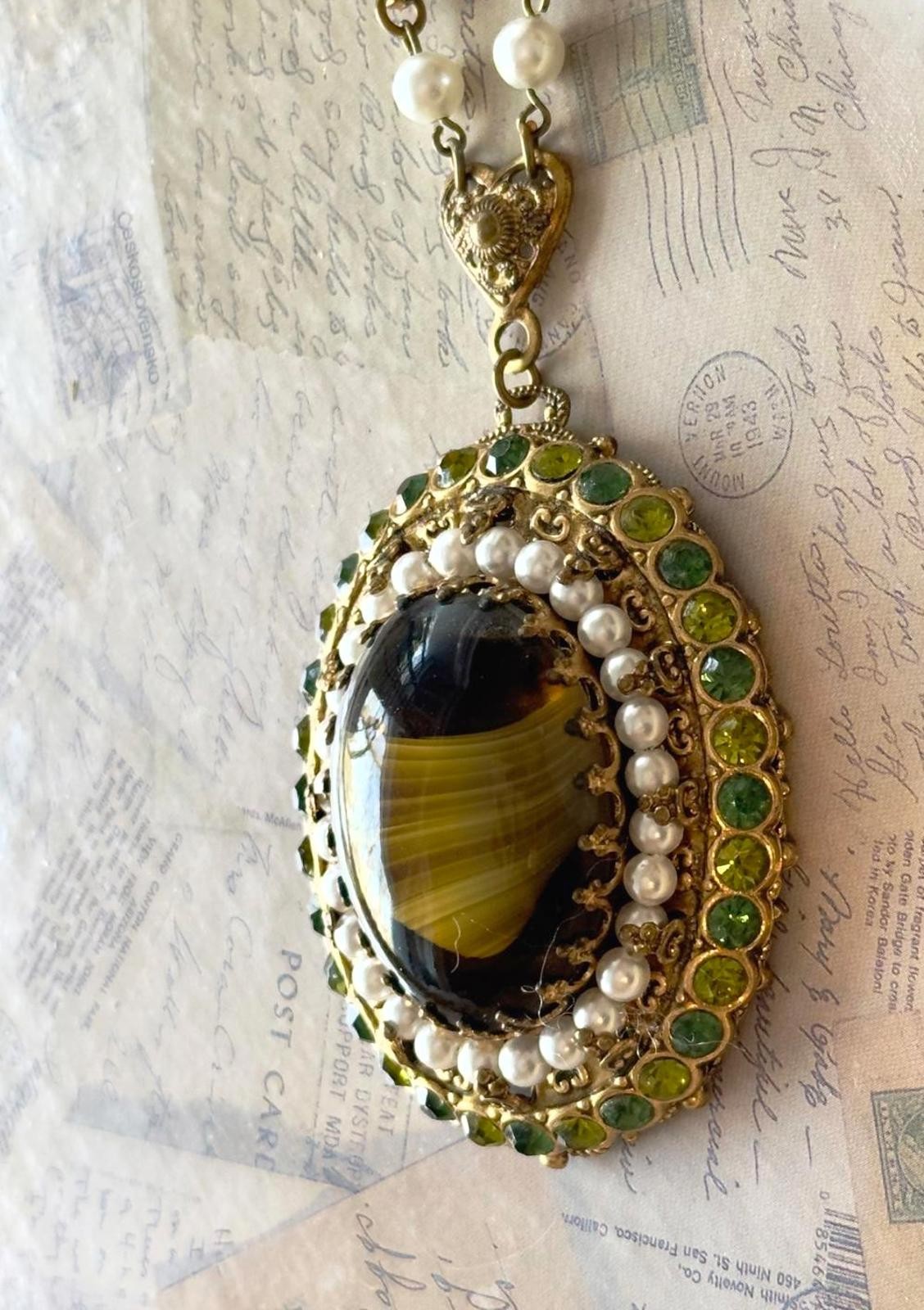 Vintage West Germany Victorian Revival Brass Filigree Striped Art Glass Cabochon