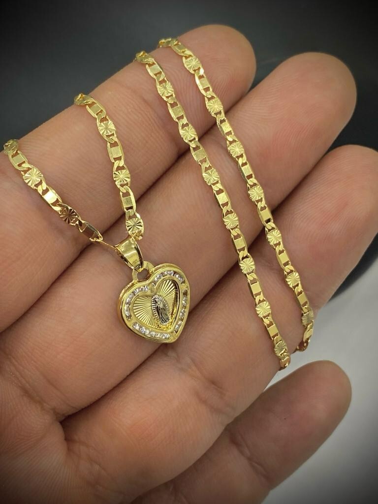 Heart CZ Virgen de Guadalupe Necklace Valentino Chain for Womens Gold F 15x13mm