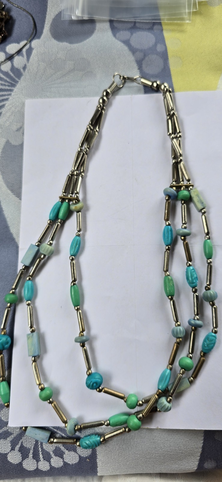 Silver Tone Bar Link Multi-Strand Beaded Necklace w/ Blue Green Oval Stones