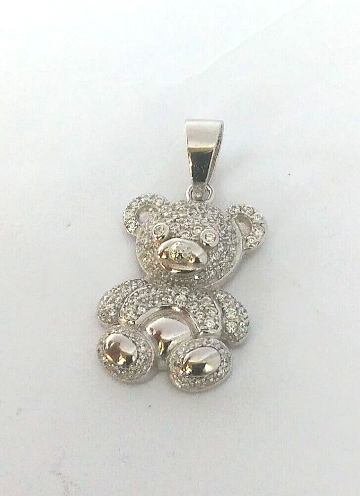 925 Sterling Silver Pendant Iced Teddy Bear cubic zirconia CZ’s MEDIUM 26X12MM
