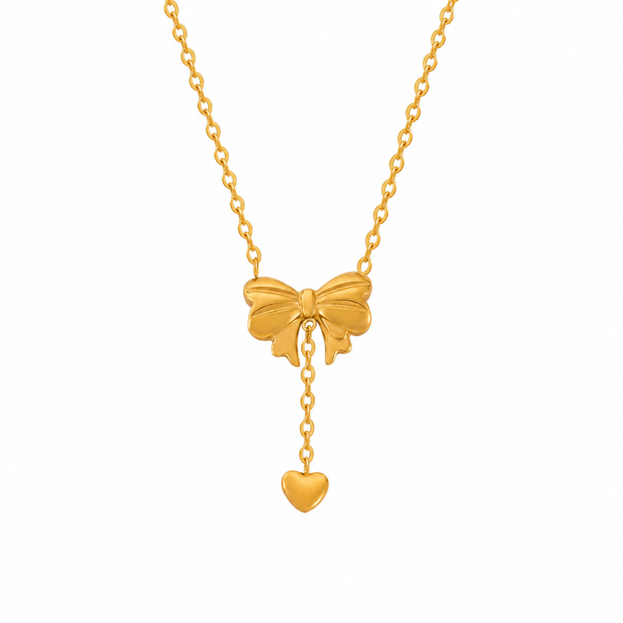 Gold Tone Stainless Steel Bow Heart Drop Pendant Necklace