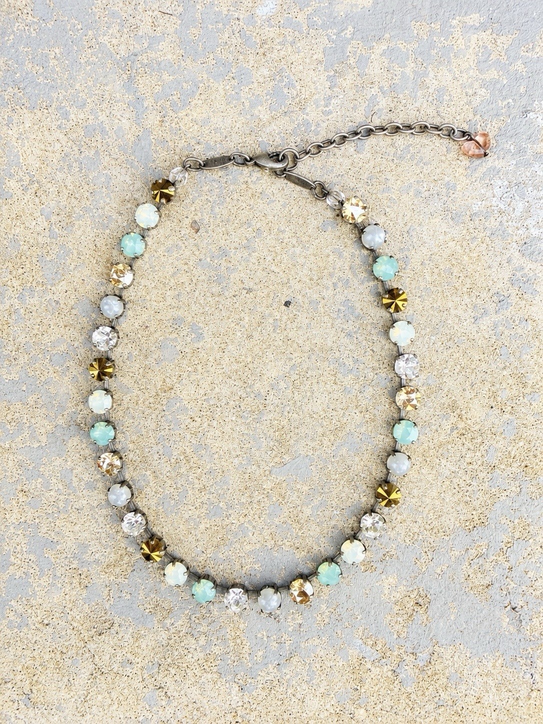 Sabika Classic Turquoise, Pearl, White And Bronze Crystal Tennis Choker Necklace