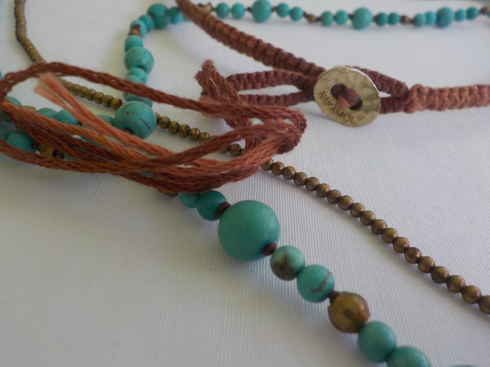 Nakamol Faux Turquoise Necklace Metal Bead Round Multi Strand Cord Long