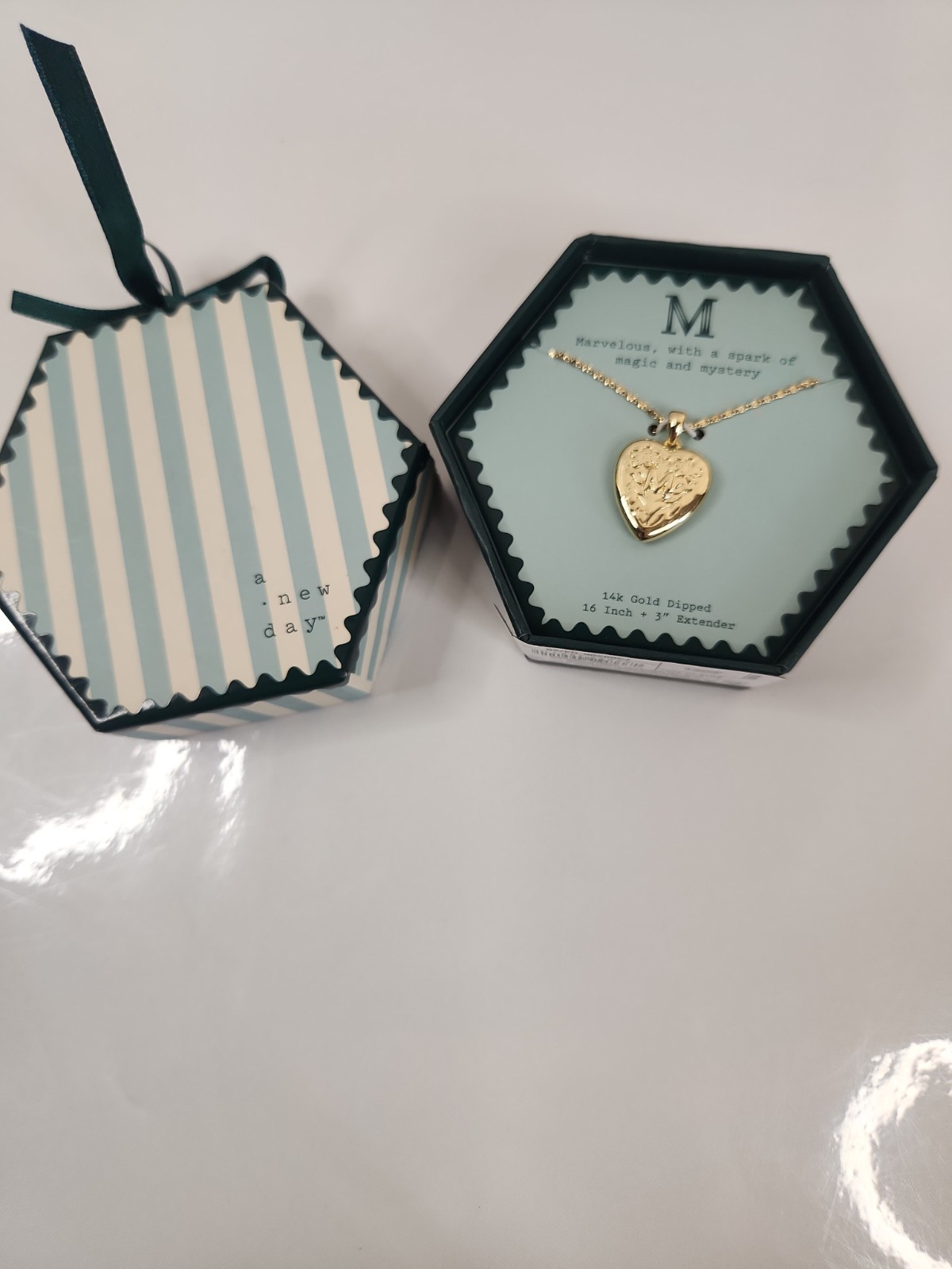 A New Day 14k Gold Dipped Initial M Heart Locket Necklace Floral Engraved Boxed