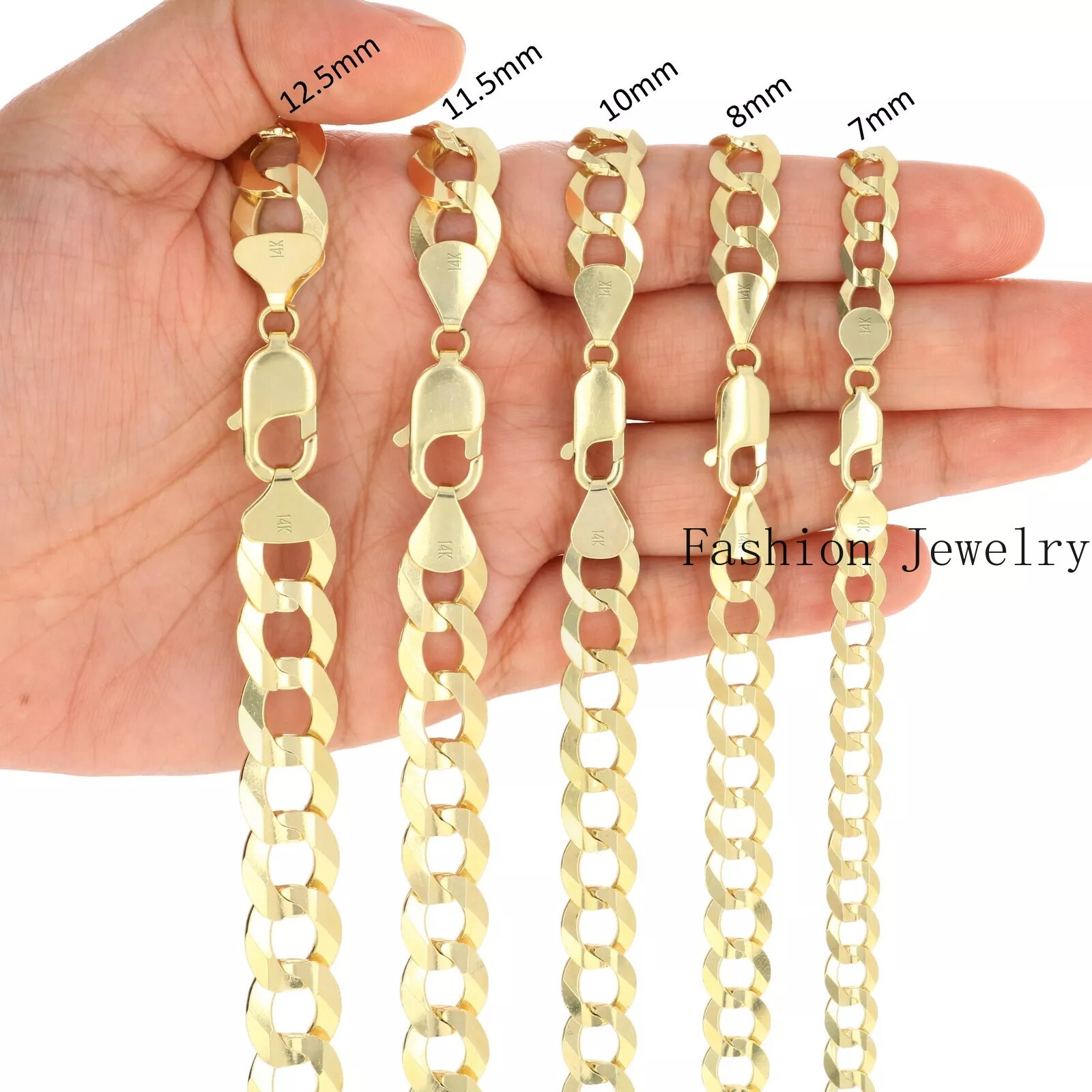 14K Yellow Gold Solid 3mm-10mm Curb Cuban Chain Link Necklace Bracelet 7″- 30″